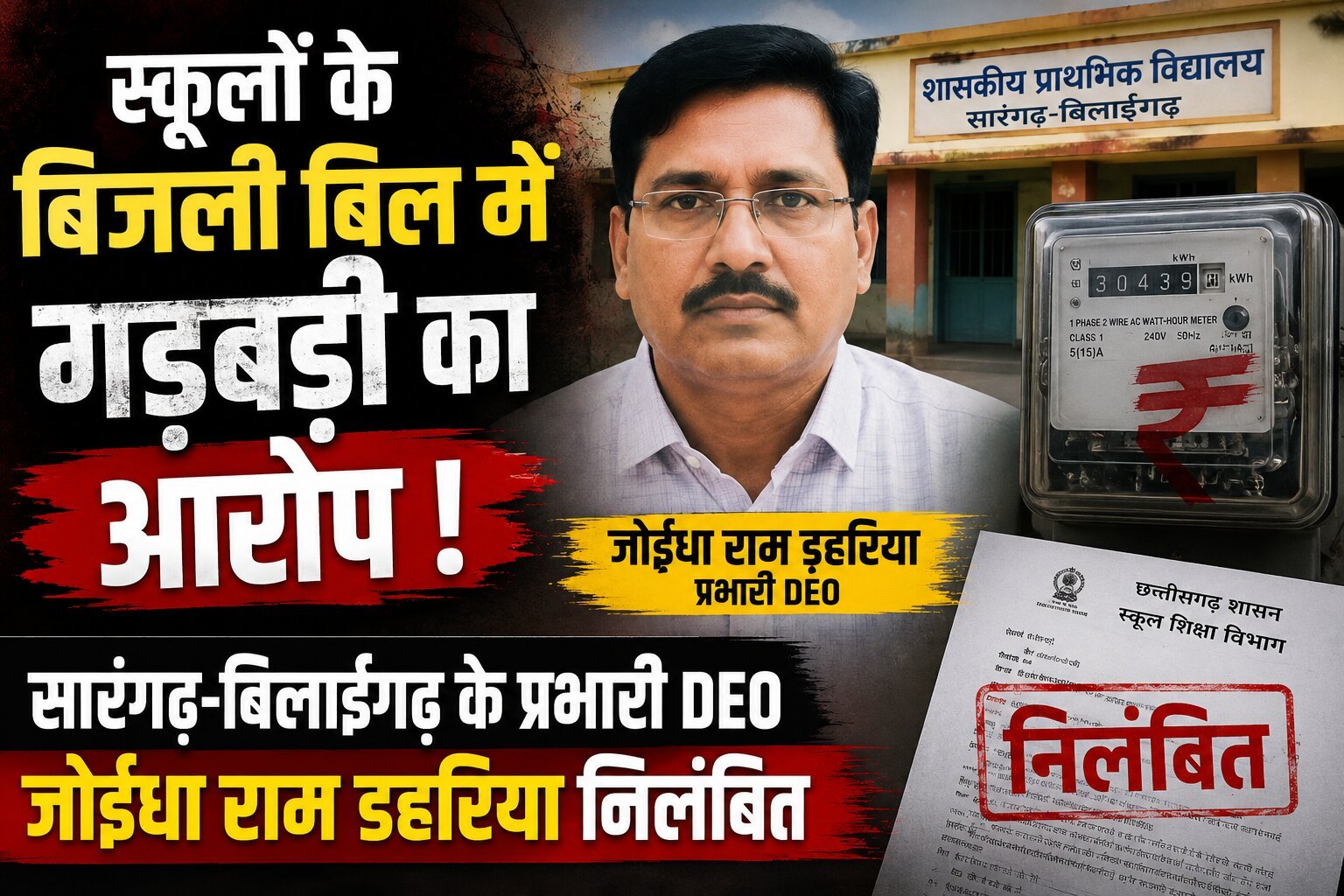 स्कूलों के बिजली बिल में गड़बड़ी का आरोप, सारंगढ़-बिलाईगढ़ के प्रभारी DEO निलंबित